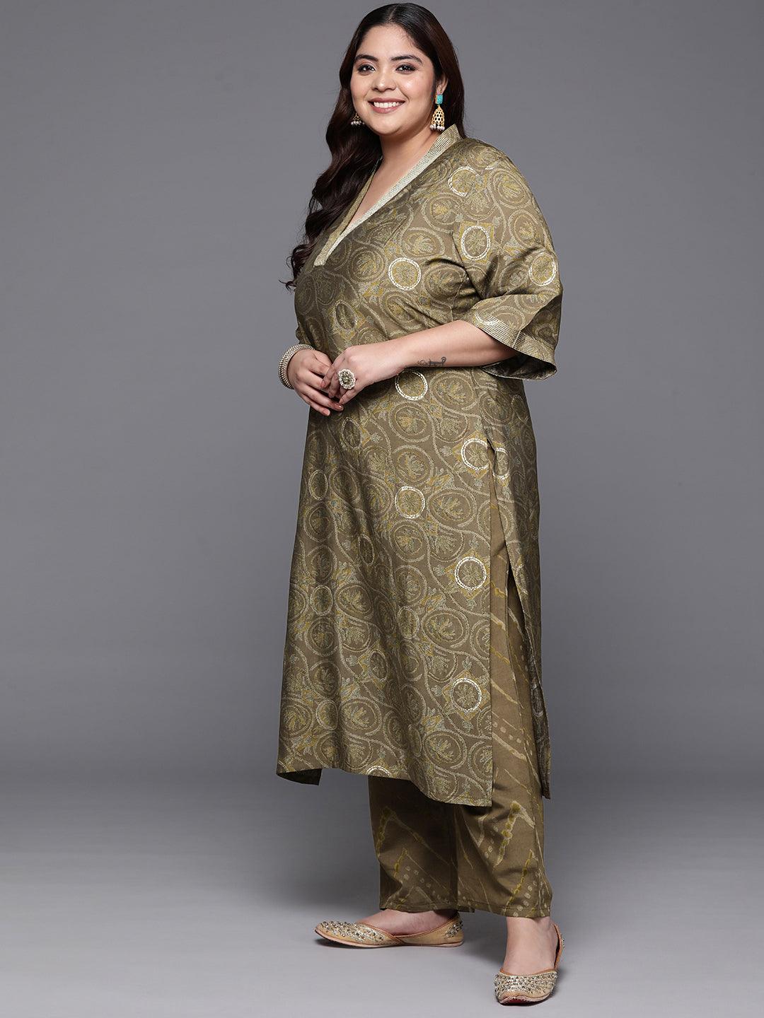 Plus Size Olive Printed Silk Blend Straight Kurta With Trousers & Dupatta - ShopLibas 