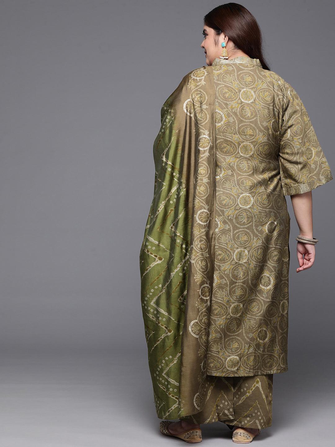 Plus Size Olive Printed Silk Blend Straight Kurta With Trousers & Dupatta - ShopLibas 