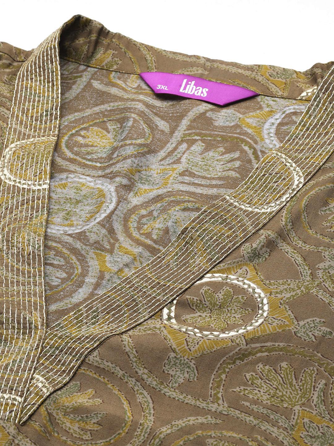 Plus Size Olive Printed Silk Blend Straight Kurta With Trousers & Dupatta - ShopLibas 