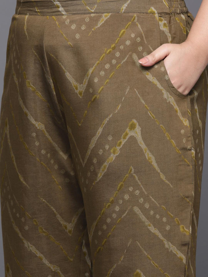 Plus Size Olive Printed Silk Blend Straight Suit With Dupatta