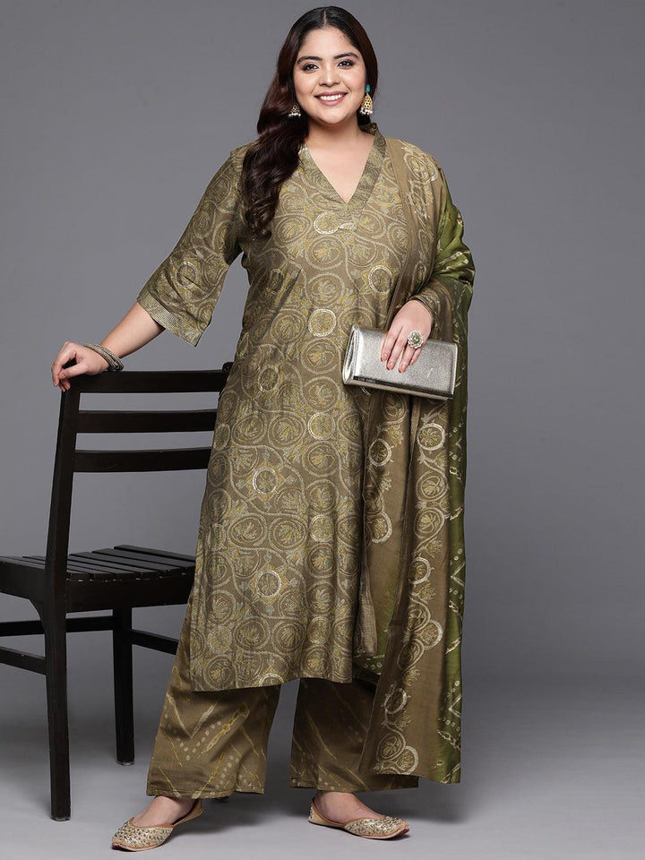 Plus Size Olive Printed Silk Blend Straight Suit With Dupatta