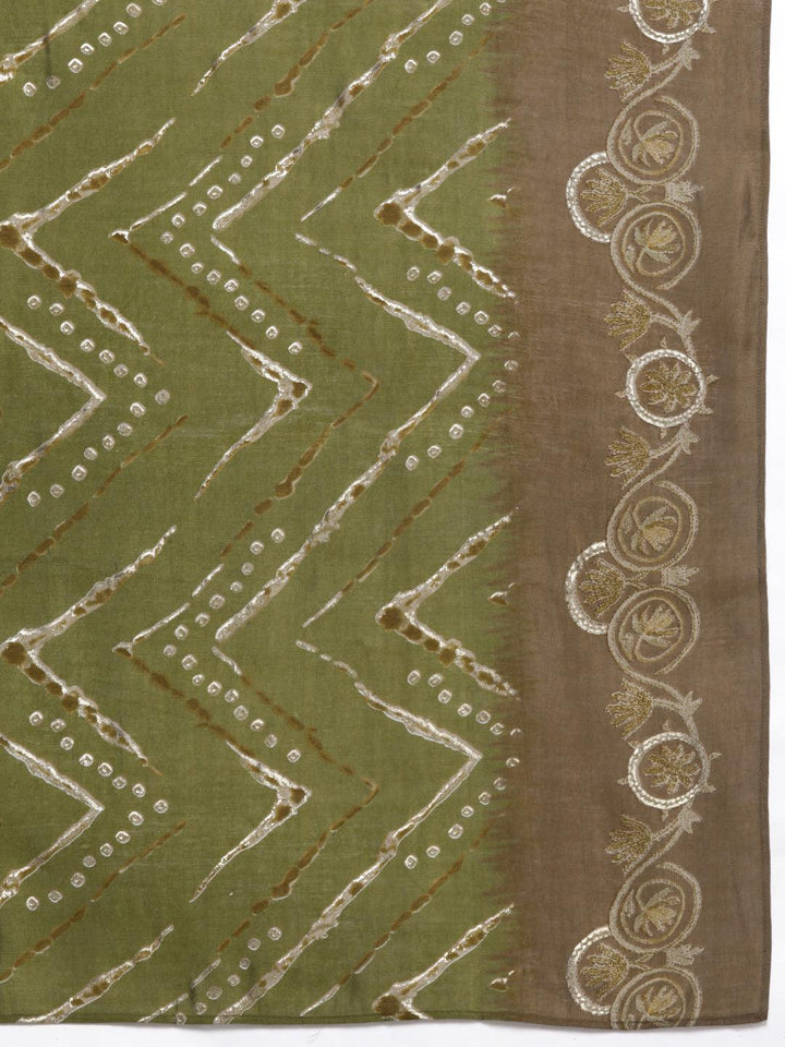 Plus Size Olive Printed Silk Blend Straight Suit With Dupatta