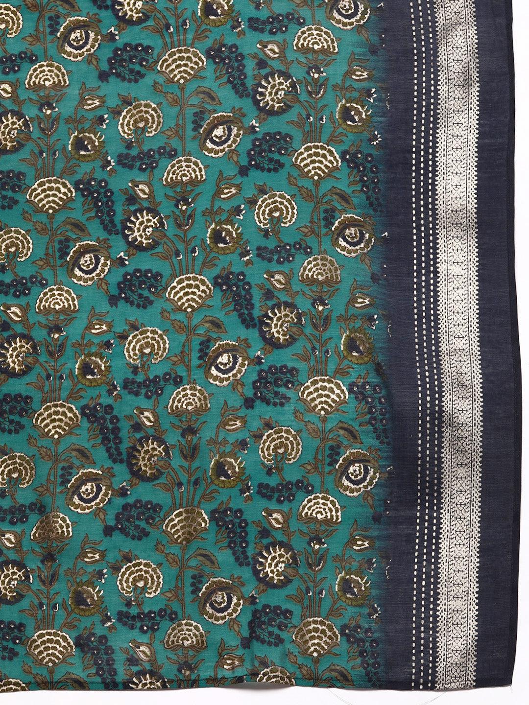 Blue Printed Silk Blend Straight Kurta With Trousers & Dupatta - ShopLibas