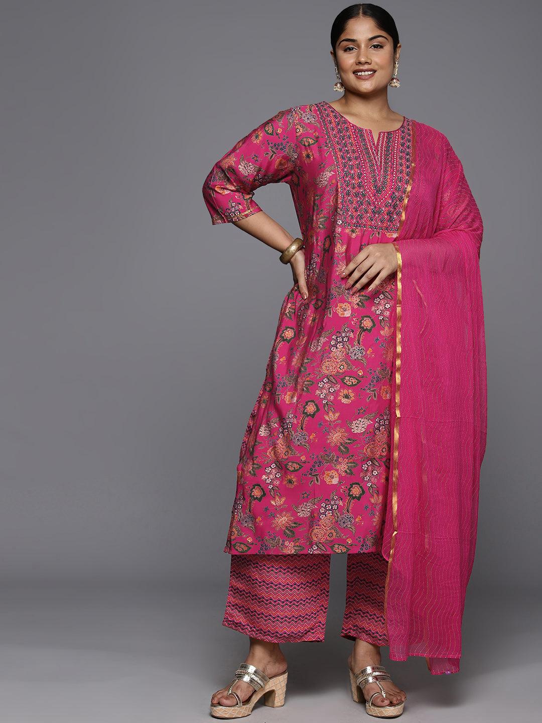 Plus Size Pink Printed Silk Blend Straight Kurta With Trousers & Dupatta - ShopLibas