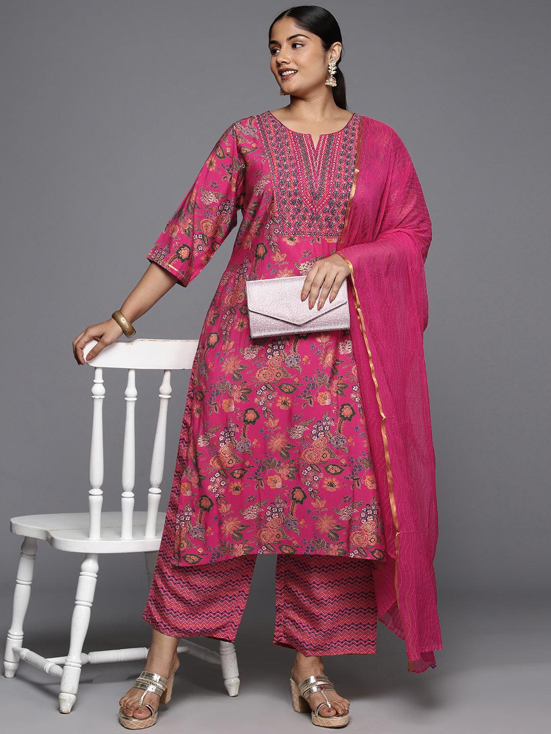 Plus Size Pink Printed Silk Blend Straight Kurta With Trousers & Dupatta - ShopLibas 