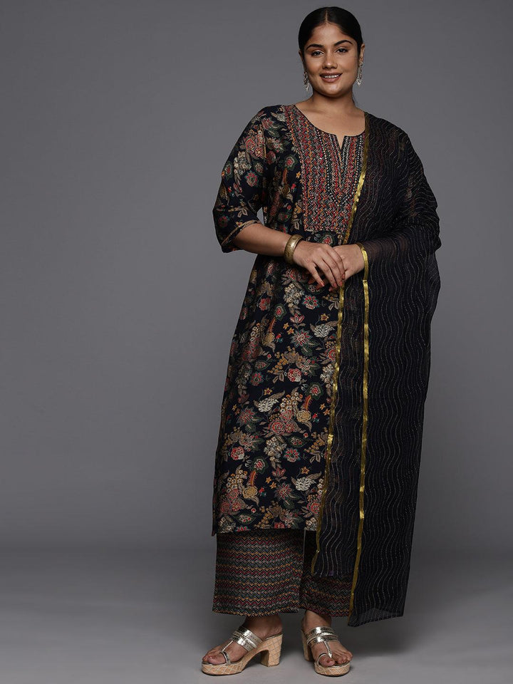 Plus Size Blue Printed Silk Blend Straight Suit With Dupatta