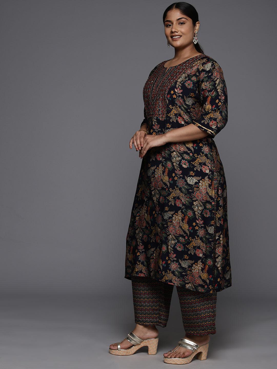 Plus Size Blue Printed Silk Blend Straight Kurta With Trousers & Dupatta - ShopLibas 