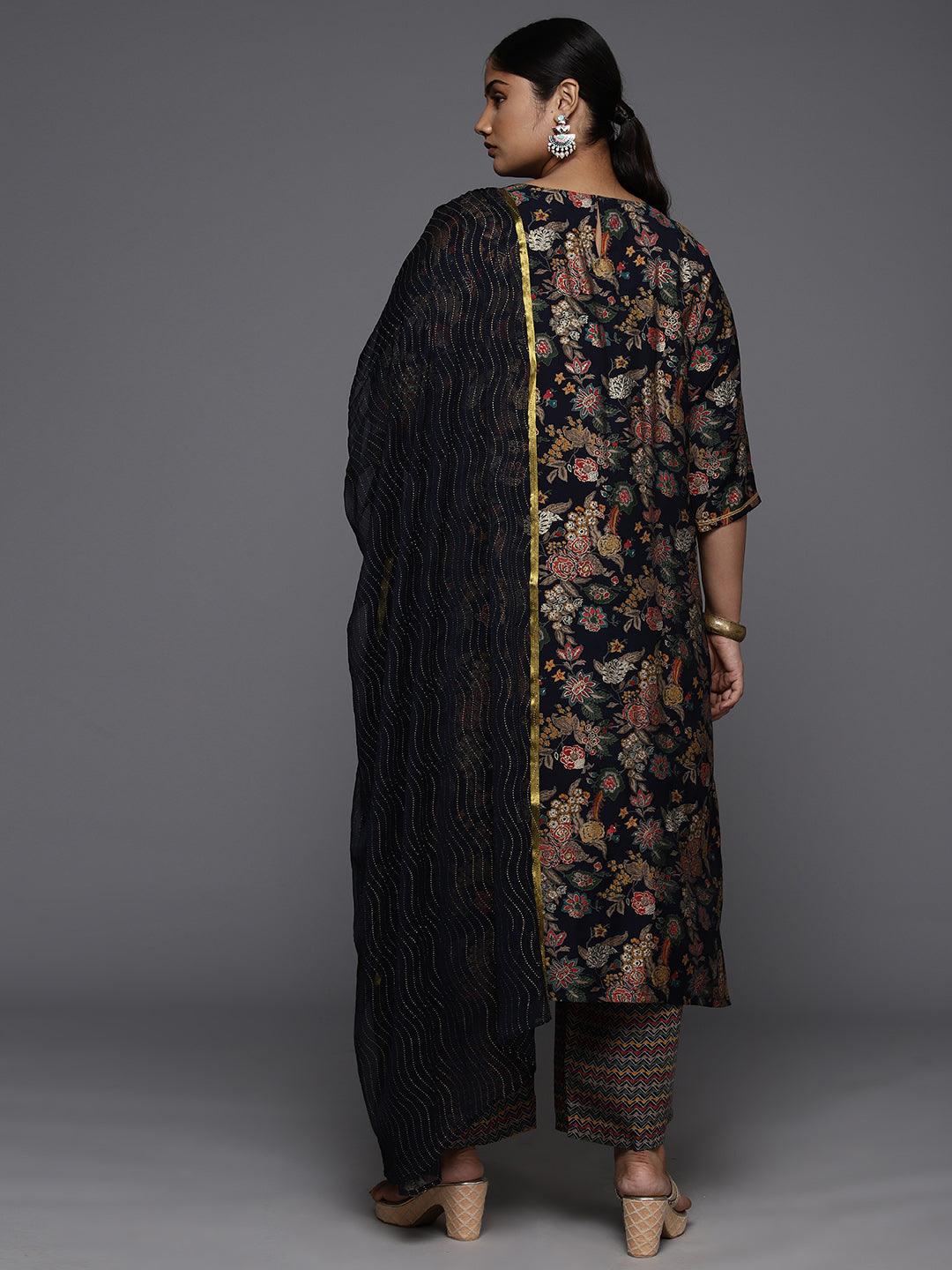 Plus Size Blue Printed Silk Blend Straight Kurta With Trousers & Dupatta - ShopLibas 