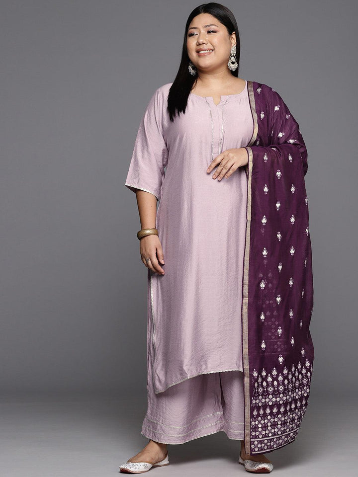 Mauve Solid Silk Blend Straight Kurta With Palazzos & Dupatta - ShopLibas
