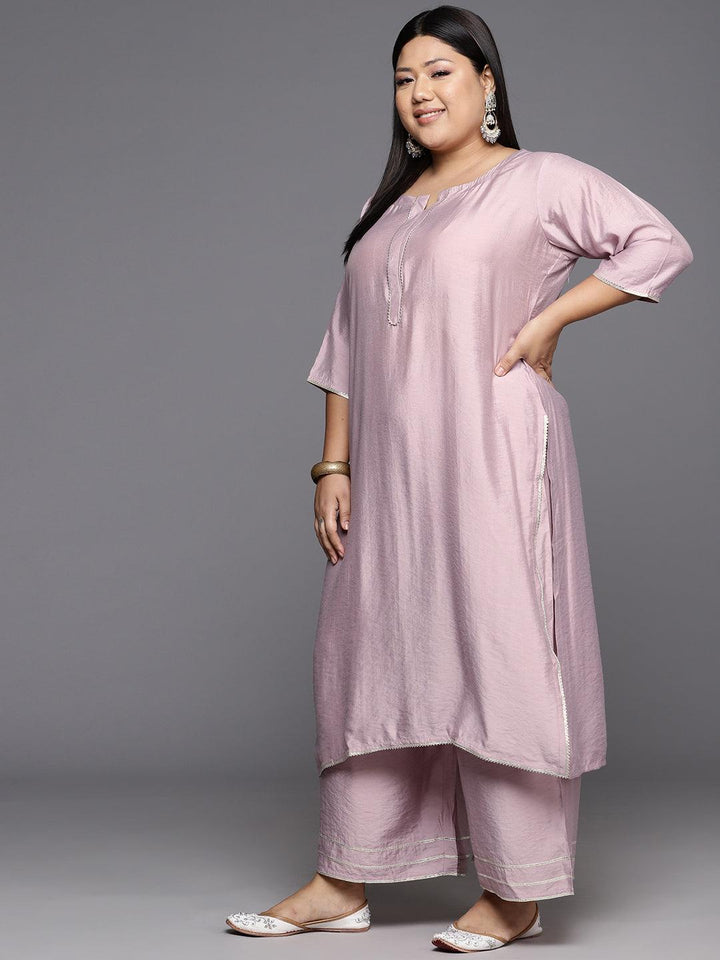 Mauve Solid Silk Blend Straight Kurta With Palazzos & Dupatta - ShopLibas