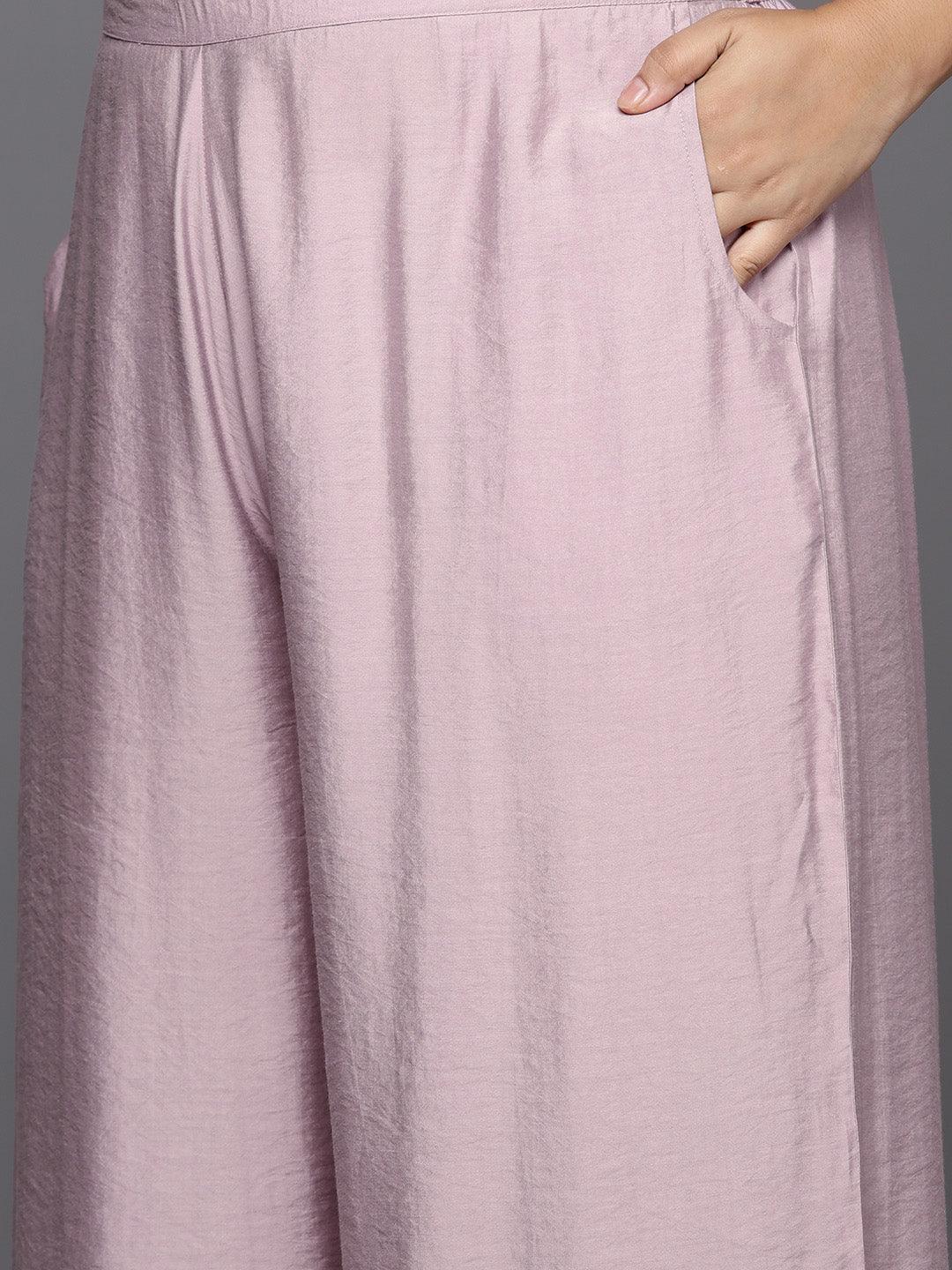 Mauve Solid Silk Blend Straight Kurta With Palazzos & Dupatta - ShopLibas