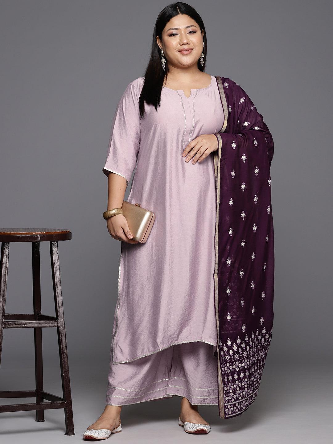 Mauve Solid Silk Blend Straight Kurta With Palazzos & Dupatta - ShopLibas