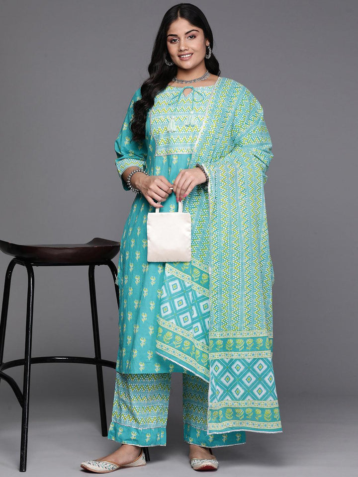 Black Yoke Design Cotton Straight Kurta With Trousers & Dupatta