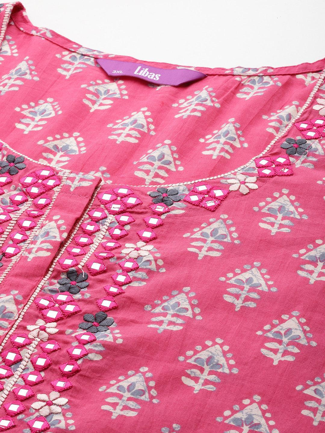 Black Yoke Design Cotton Straight Kurta With Trousers & Dupatta - Libas 