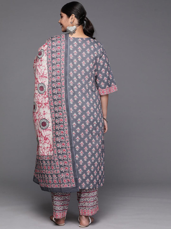 Black Yoke Design Cotton Straight Kurta With Trousers & Dupatta