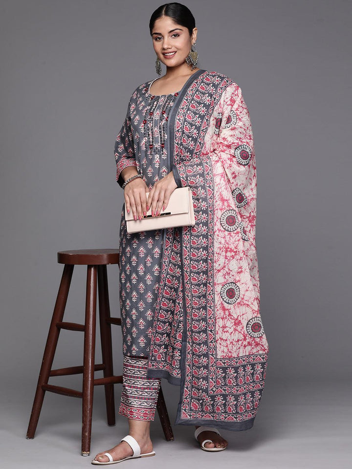 Black Yoke Design Cotton Straight Kurta With Trousers & Dupatta