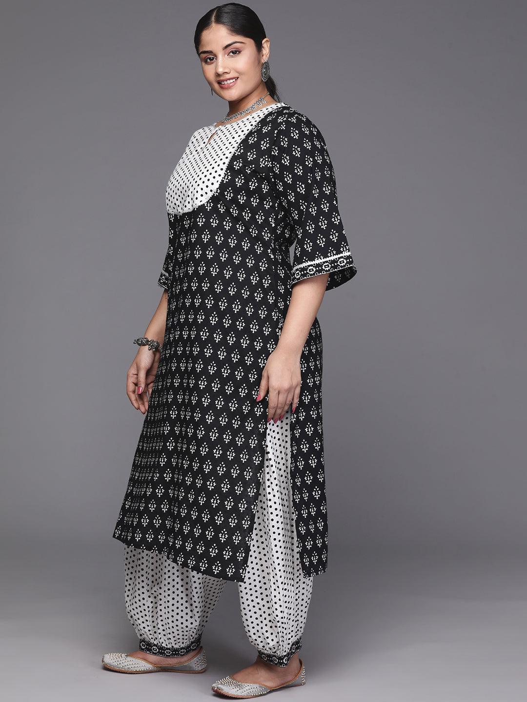 Black Yoke Design Cotton Straight Kurta With Trousers & Dupatta - Libas 