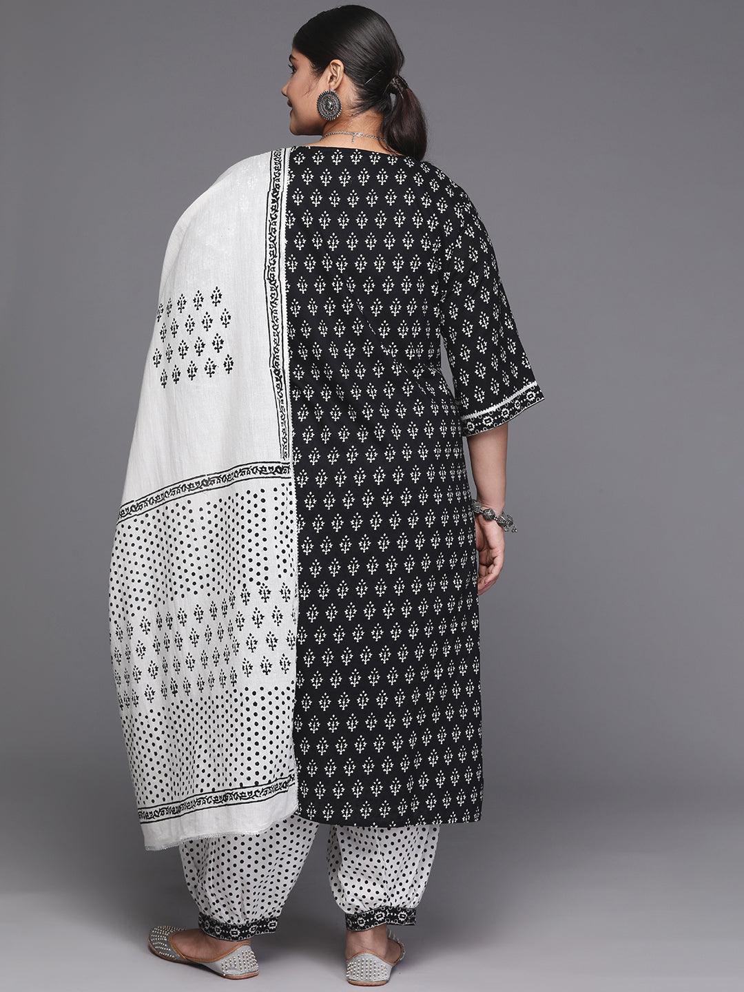 Black Yoke Design Cotton Straight Kurta With Trousers & Dupatta - Libas 