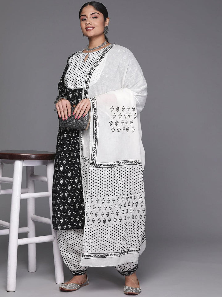Black Yoke Design Cotton Straight Kurta With Trousers & Dupatta