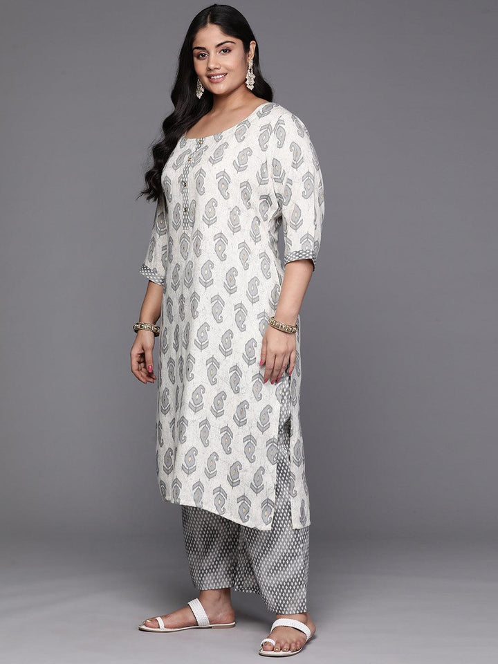 Off White Printed Rayon Straight Kurta With Trousers and Dupatta