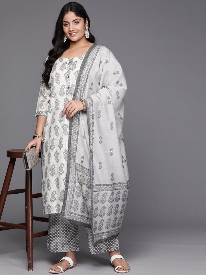 Off White Printed Rayon Straight Kurta With Trousers and Dupatta