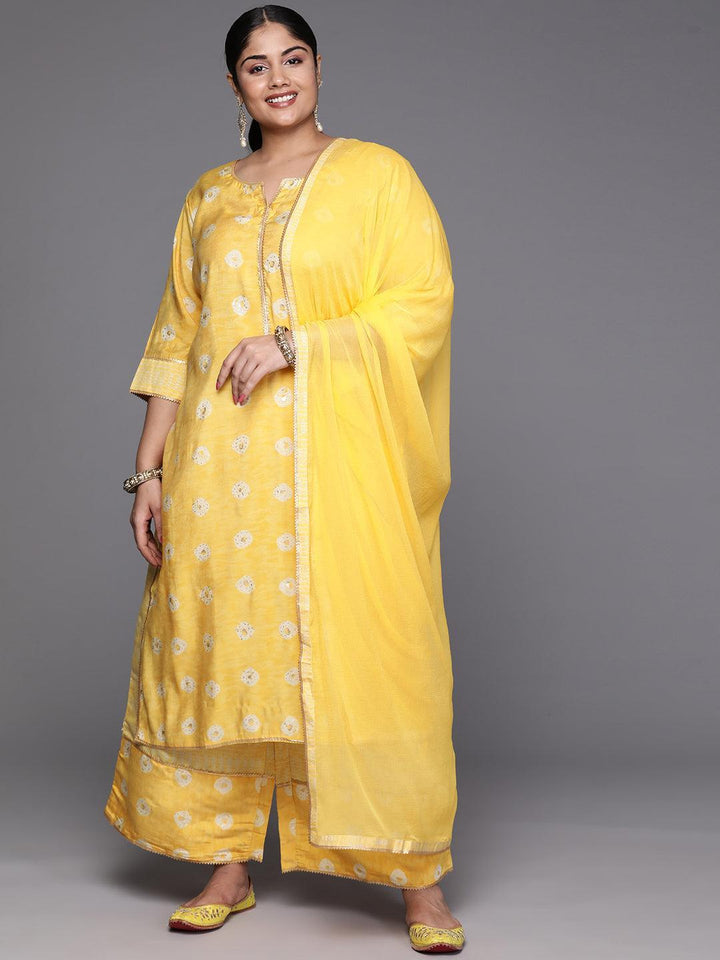 Mustard Printed Silk Blend Straight Kurta With Palazzos & Dupatta