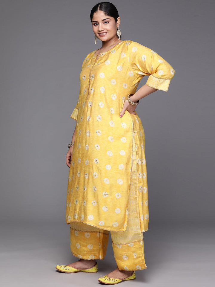 Mustard Printed Silk Blend Straight Kurta With Palazzos & Dupatta