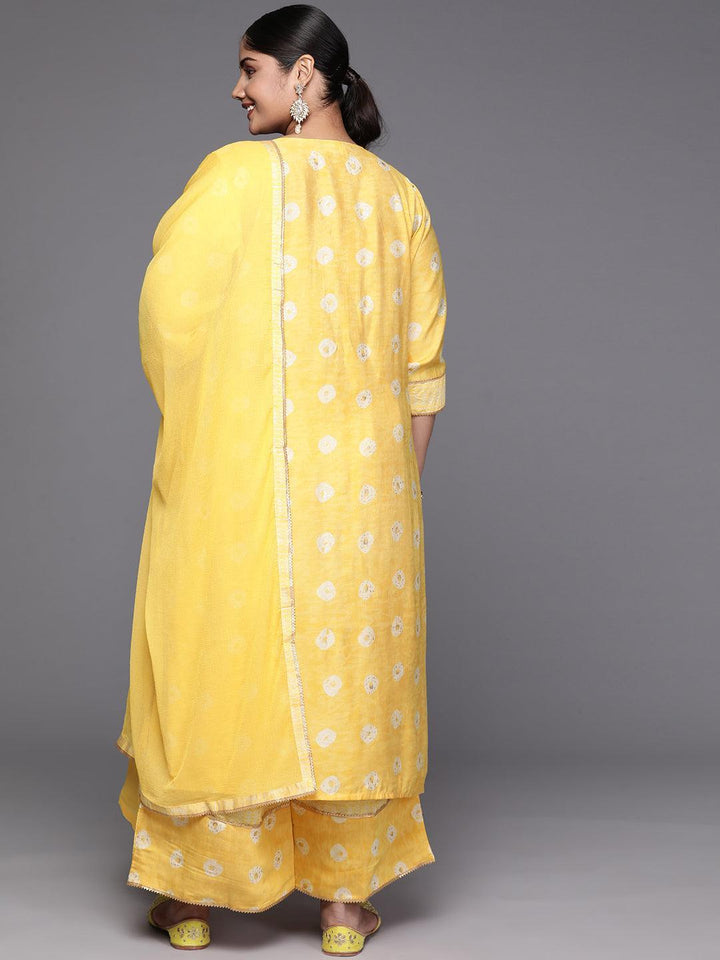 Mustard Printed Silk Blend Straight Kurta With Palazzos & Dupatta