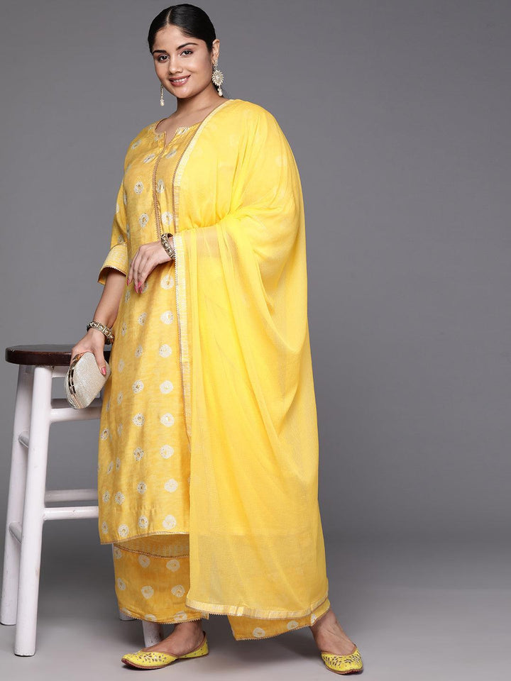 Mustard Printed Silk Blend Straight Kurta With Palazzos & Dupatta