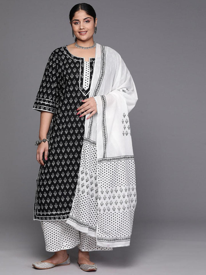 Black Yoke Design Cotton Straight Kurta With Trousers & Dupatta