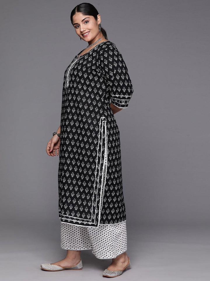 Black Yoke Design Cotton Straight Kurta With Trousers & Dupatta