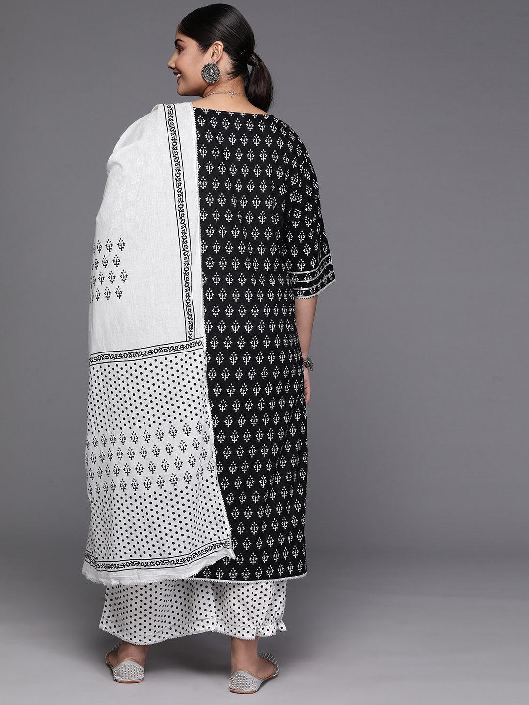 Black Yoke Design Cotton Straight Kurta With Trousers & Dupatta - Libas 