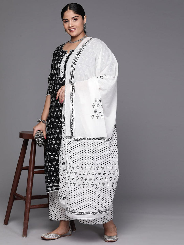 Black Yoke Design Cotton Straight Kurta With Trousers & Dupatta