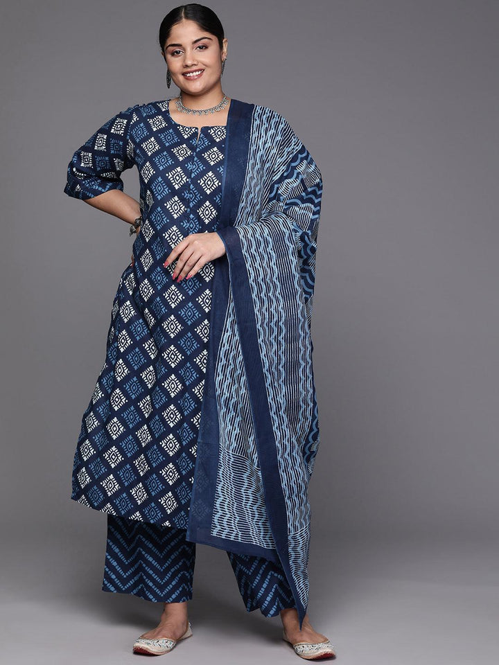 Black Yoke Design Cotton Straight Kurta With Trousers & Dupatta