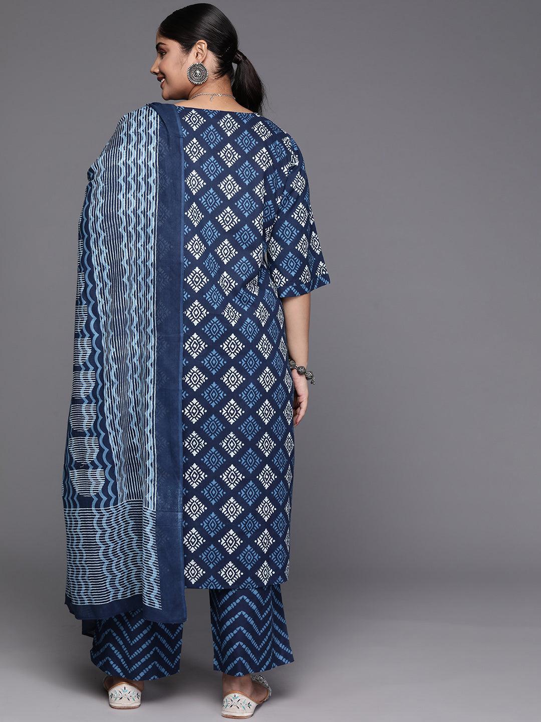 Black Yoke Design Cotton Straight Kurta With Trousers & Dupatta - Libas 