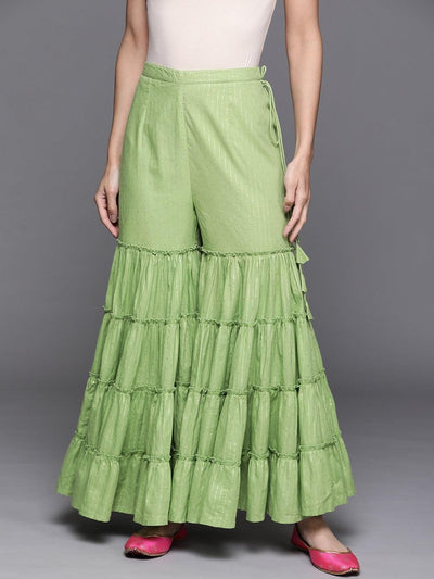 Green Self Design Cotton Sharara Pants - ShopLibas