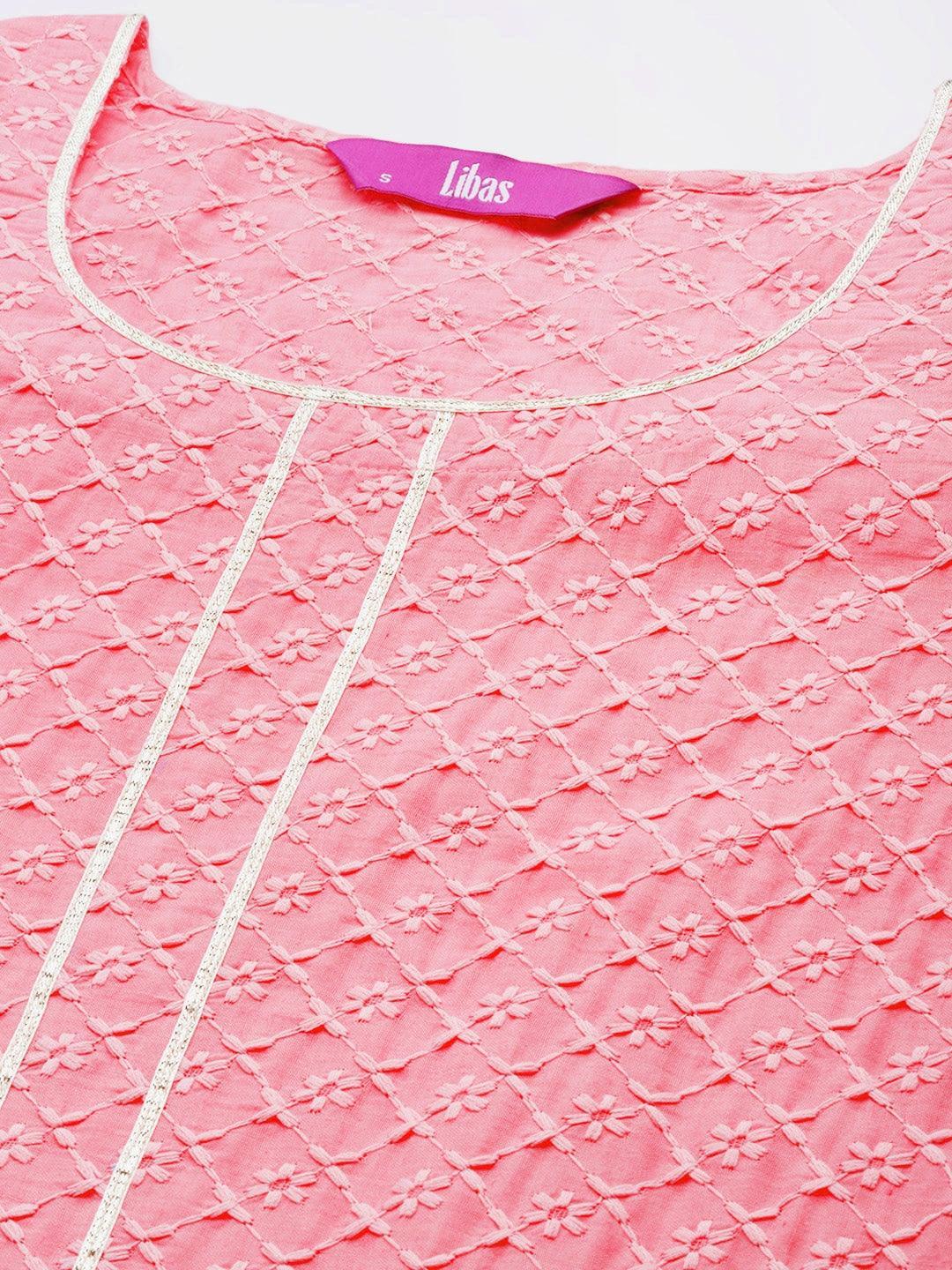 Pink Embroidered Cotton Kurta - ShopLibas