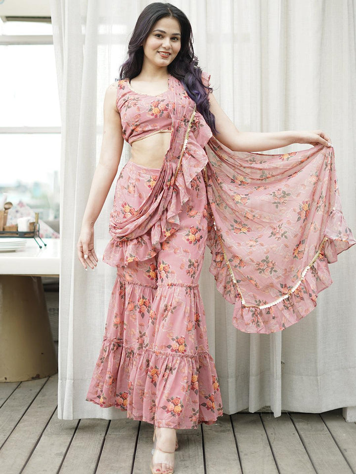 Pink Printed Georgette Palazzo Saree - ShopLibas