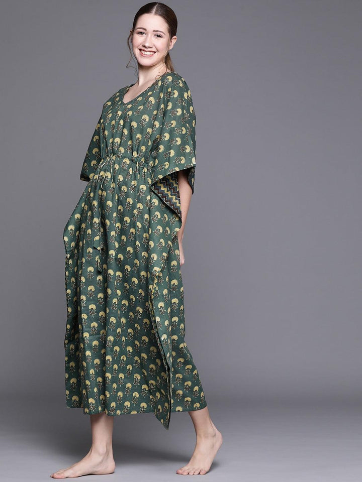 Blue Cotton Printed Kaftan Nightdress - ShopLibas