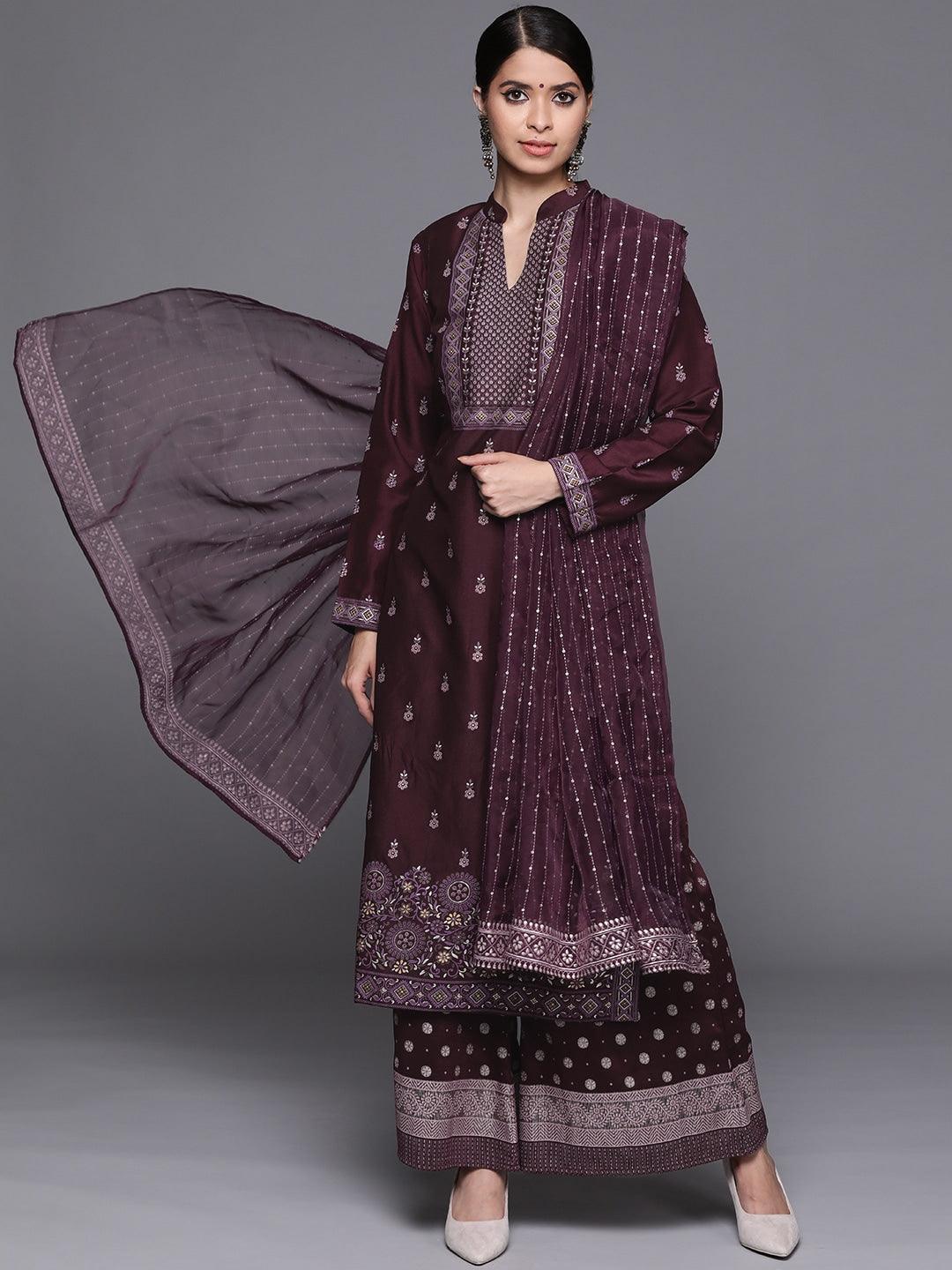 Purple Printed Silk Blend Suit Set - ShopLibas