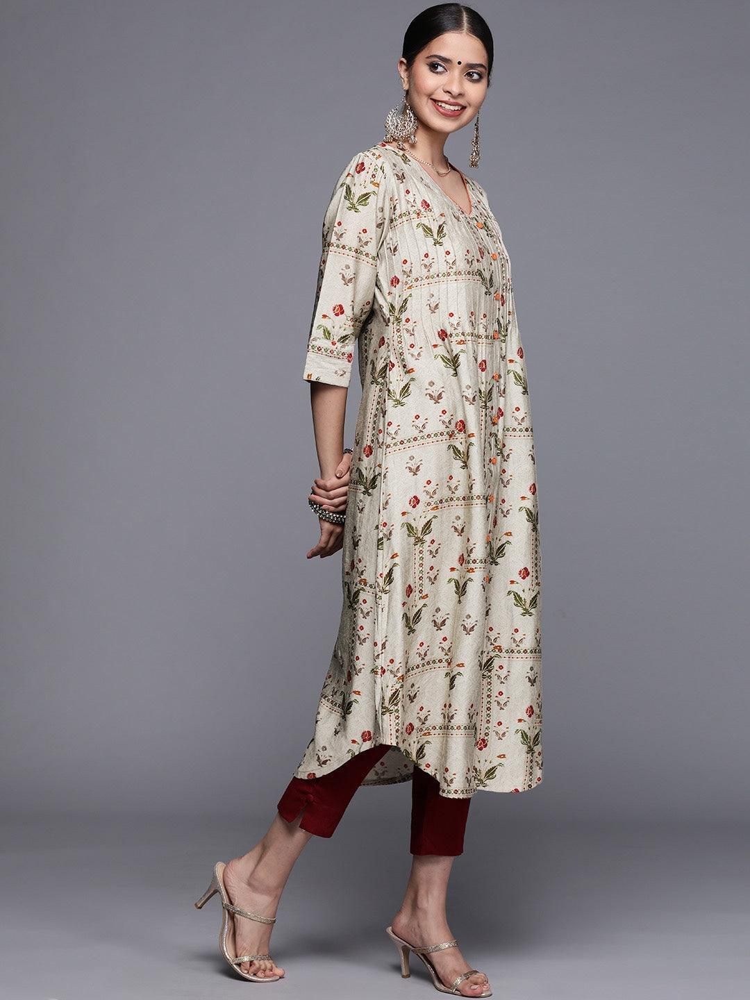Grey Printed Chanderi Silk Kurta - ShopLibas