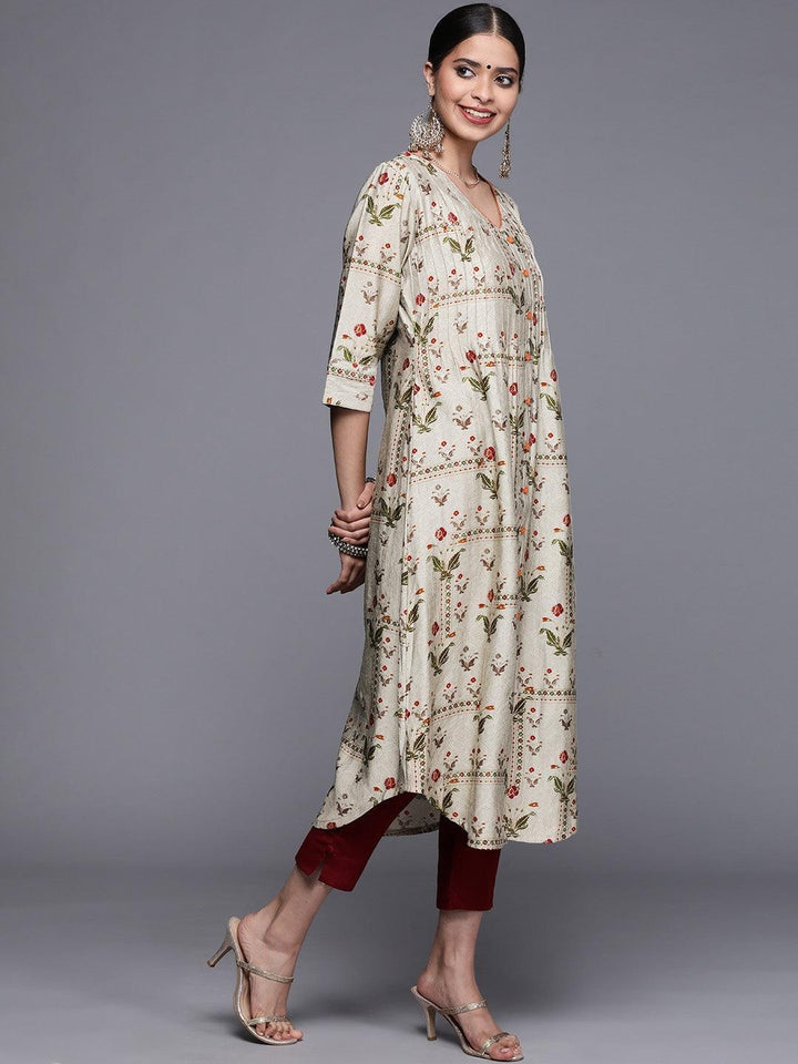 Grey Printed Chanderi Silk Kurta - ShopLibas