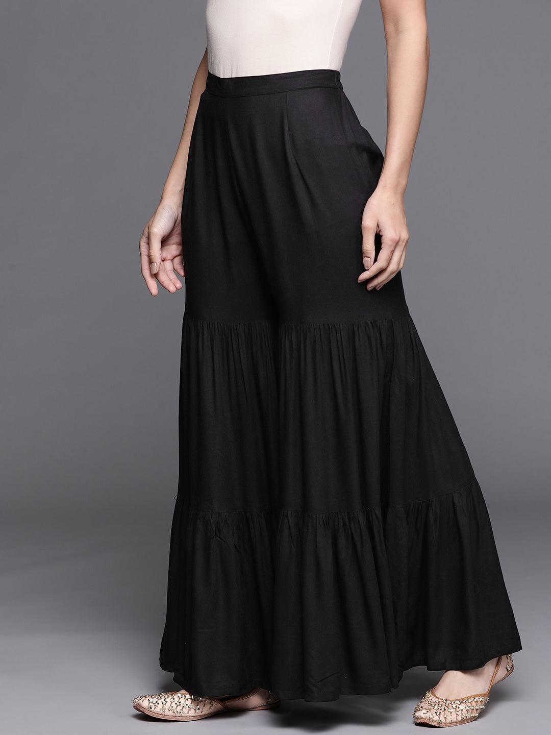 Black Solid Rayon Sharara Pants - ShopLibas 