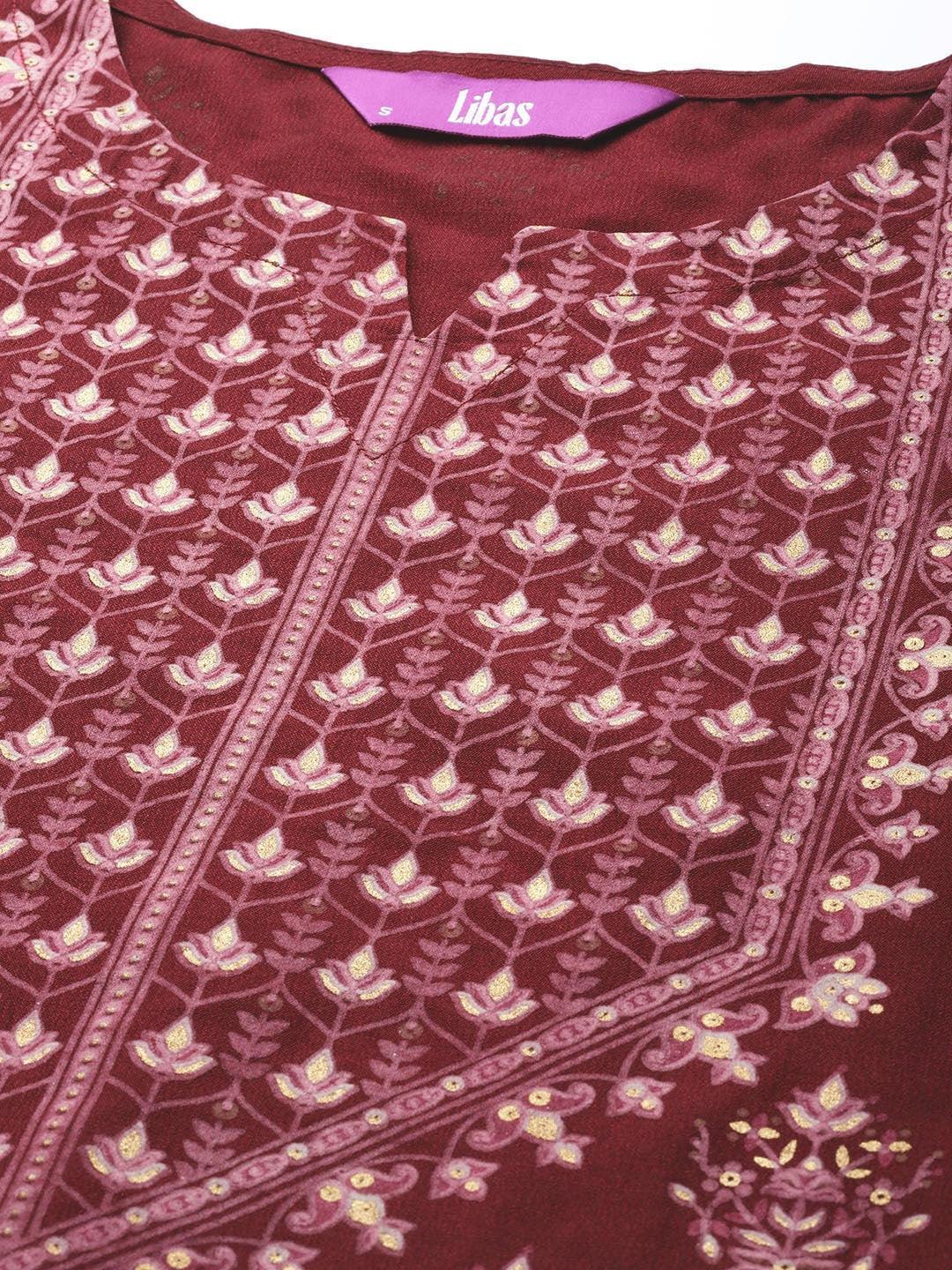 Maroon Printed Silk Blend Suit Set - ShopLibas
