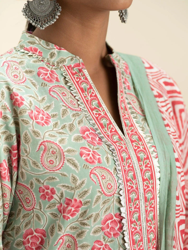 Green Printed Cotton Suit Set - ShopLibas