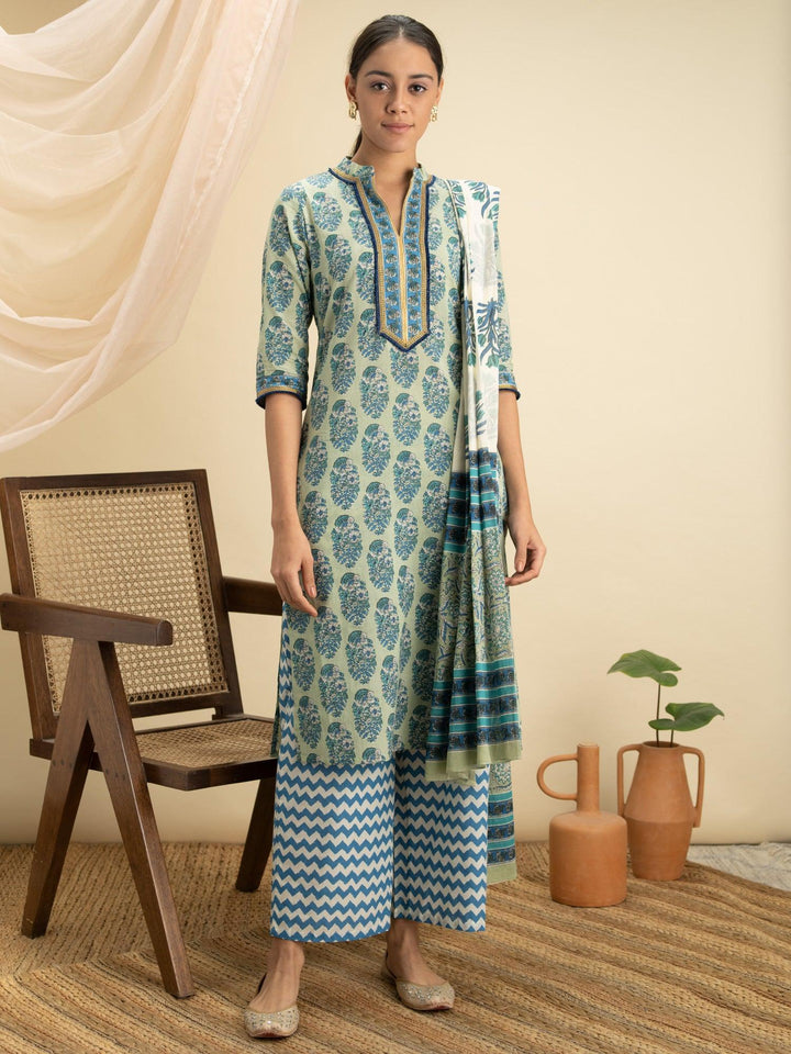 Blue Printed Cotton Suit Set - ShopLibas