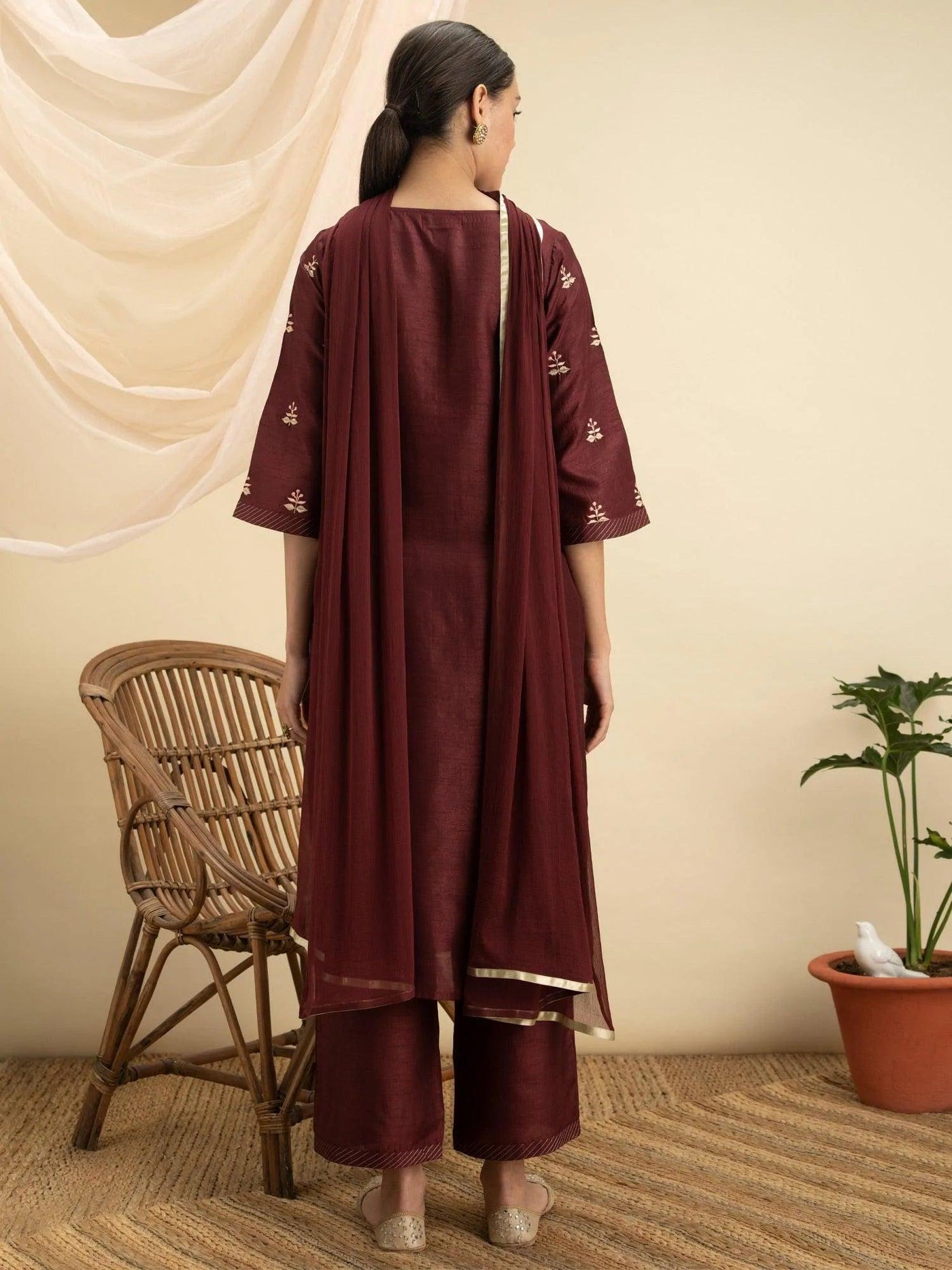 Maroon Embroidered Silk Suit Set - ShopLibas