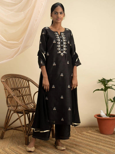 Black Embroidered Silk Suit Set - ShopLibas