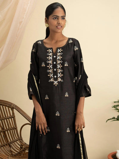 Black Embroidered Silk Suit Set - ShopLibas