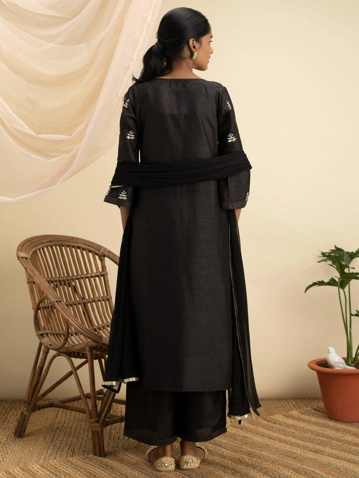 Black Embroidered Silk Suit Set - ShopLibas